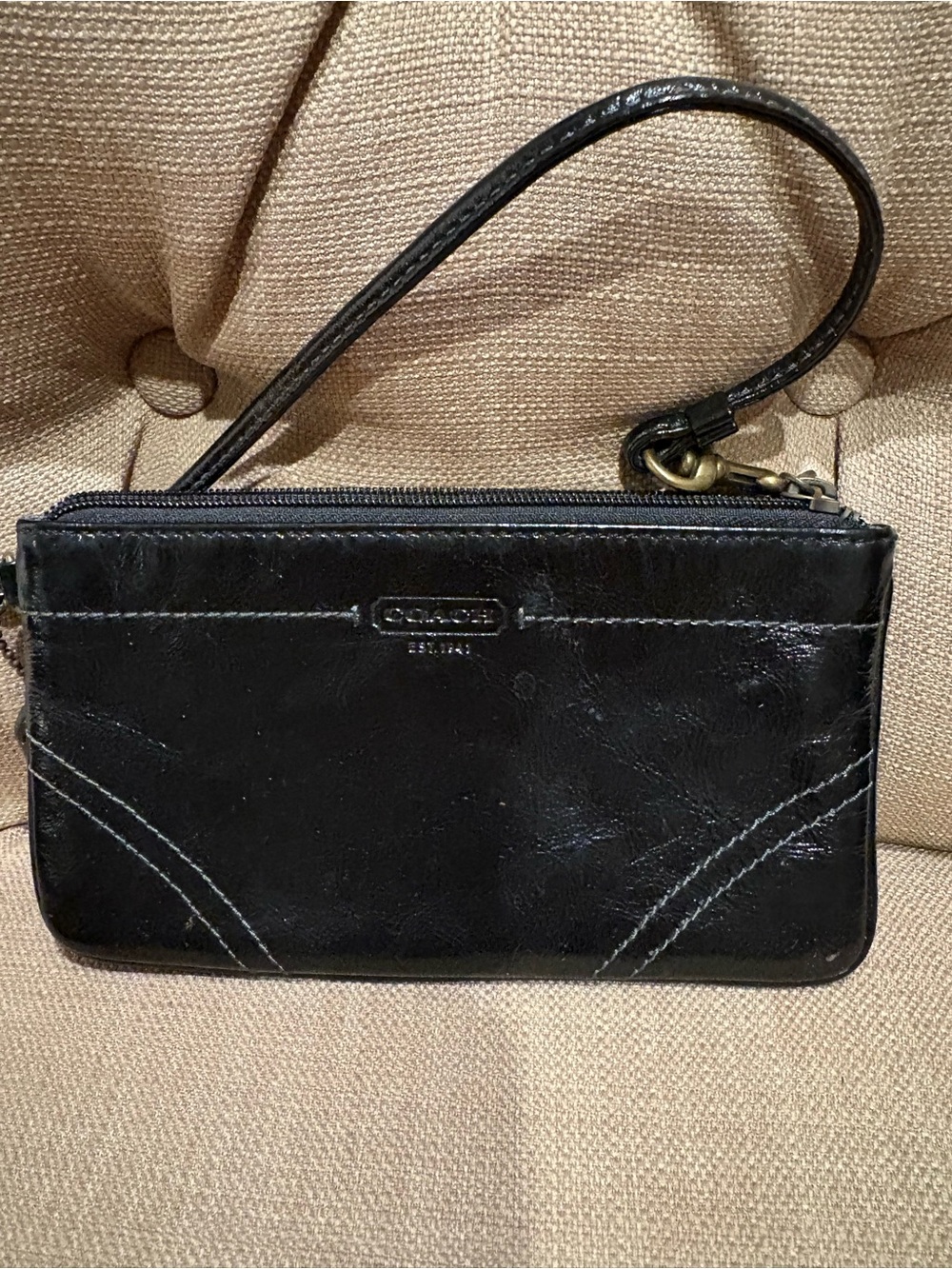 Coach Black Leather Wristlet Clutch with Top Zip